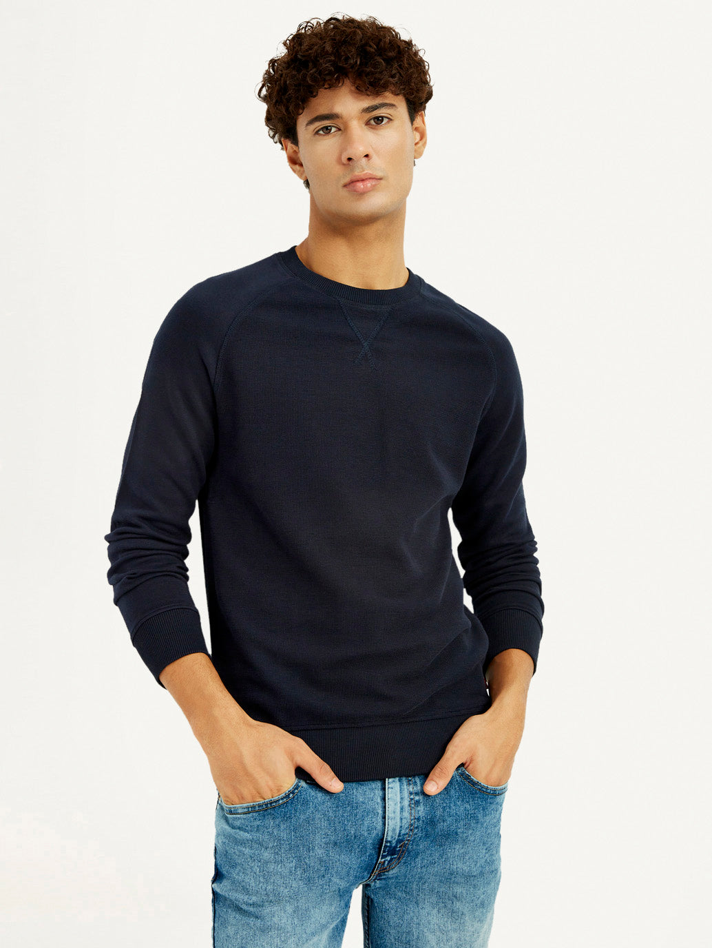 Men's Solid Navy Blue Crew Neck Sweatshirt - Elevated View