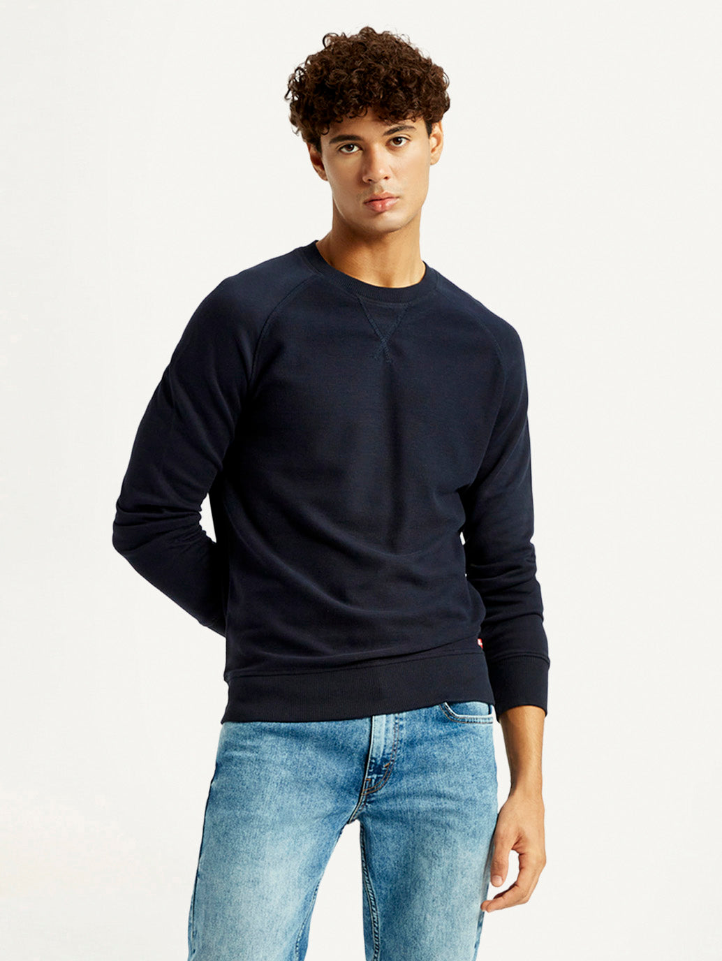 Men's Solid Navy Blue Crew Neck Sweatshirt - Styleshot View