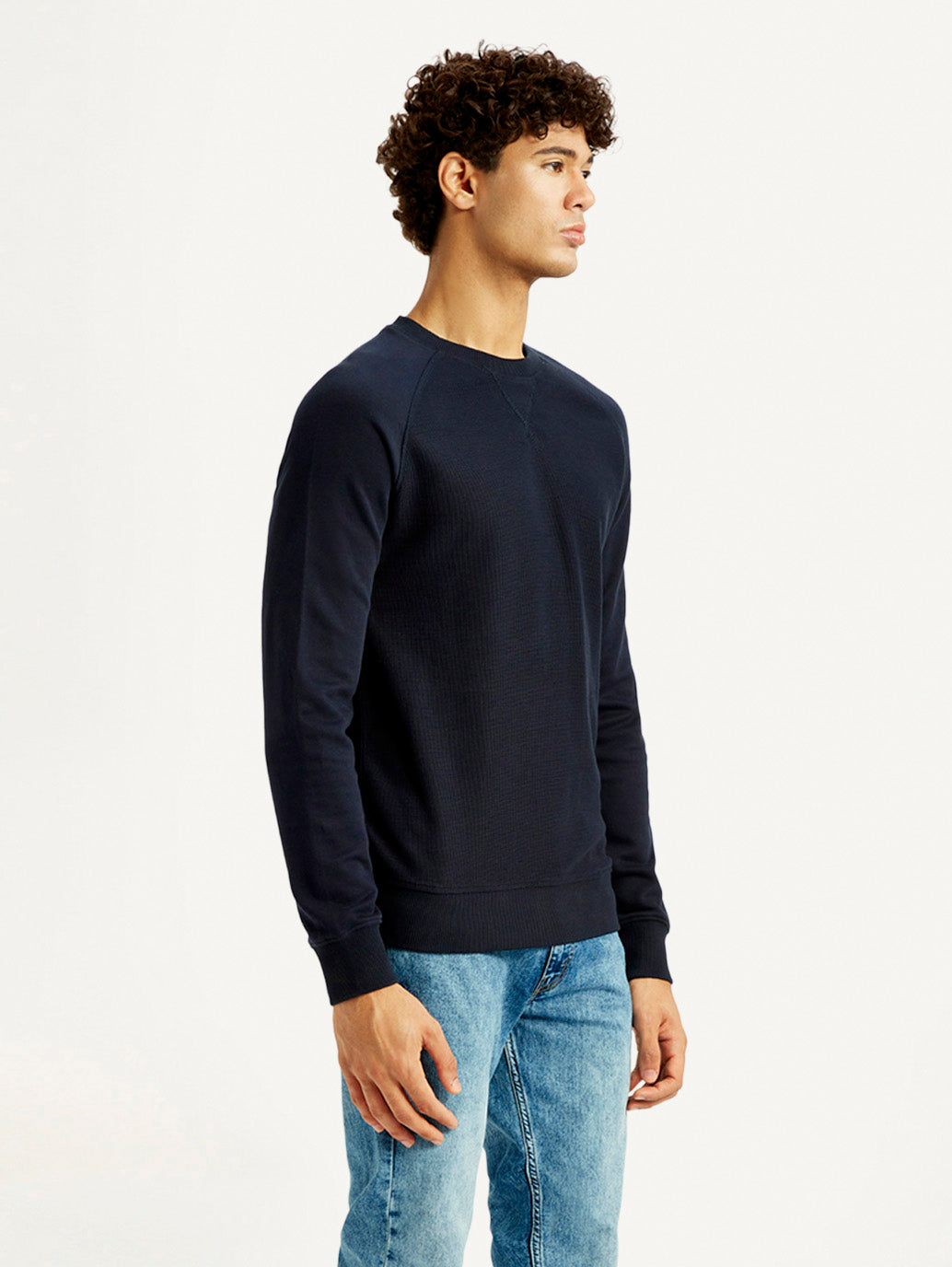 Men's Solid Navy Blue Crew Neck Sweatshirt - Side View