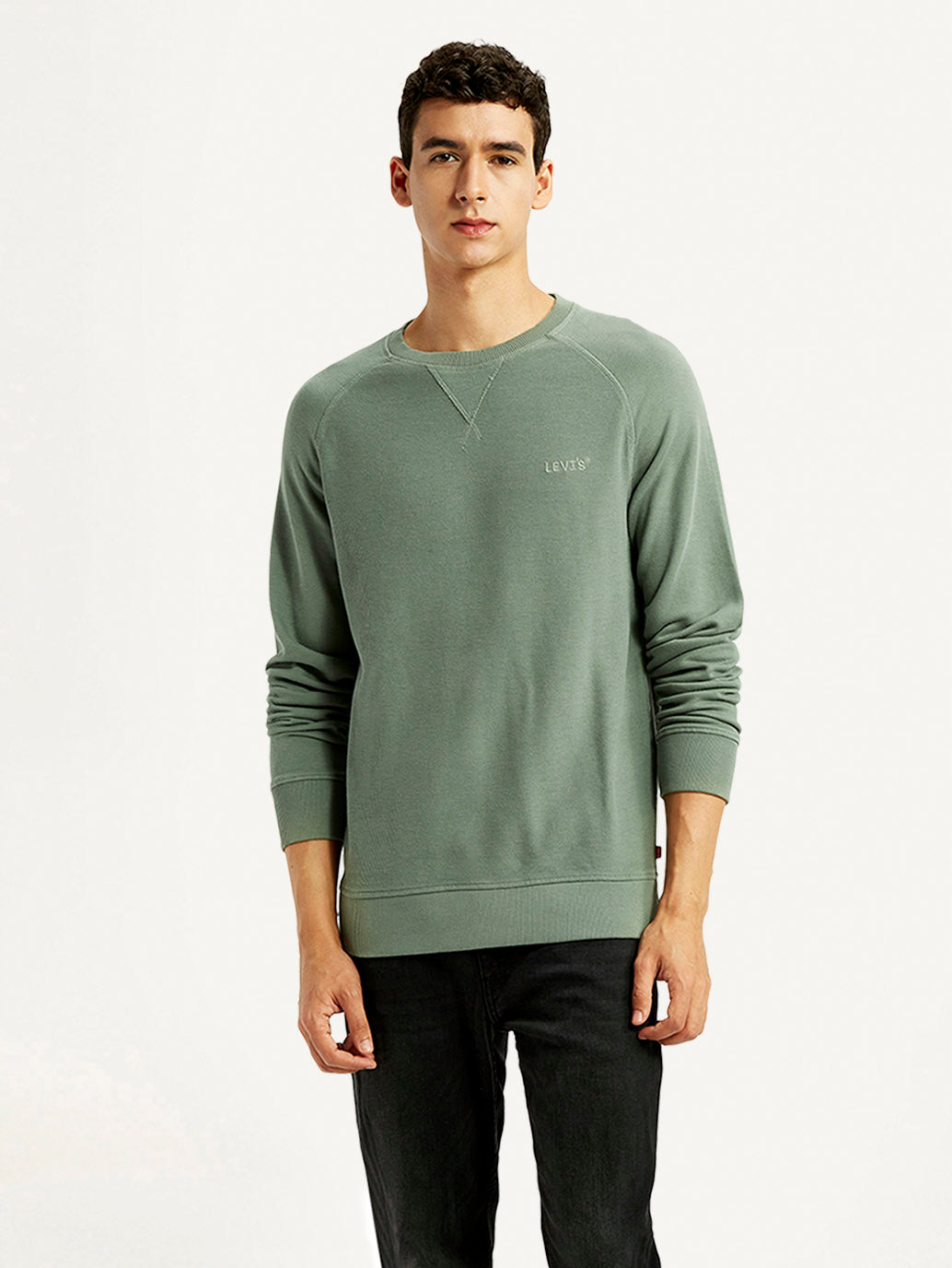 Men's Solid Green Crew Neck Sweatshirt - Front View