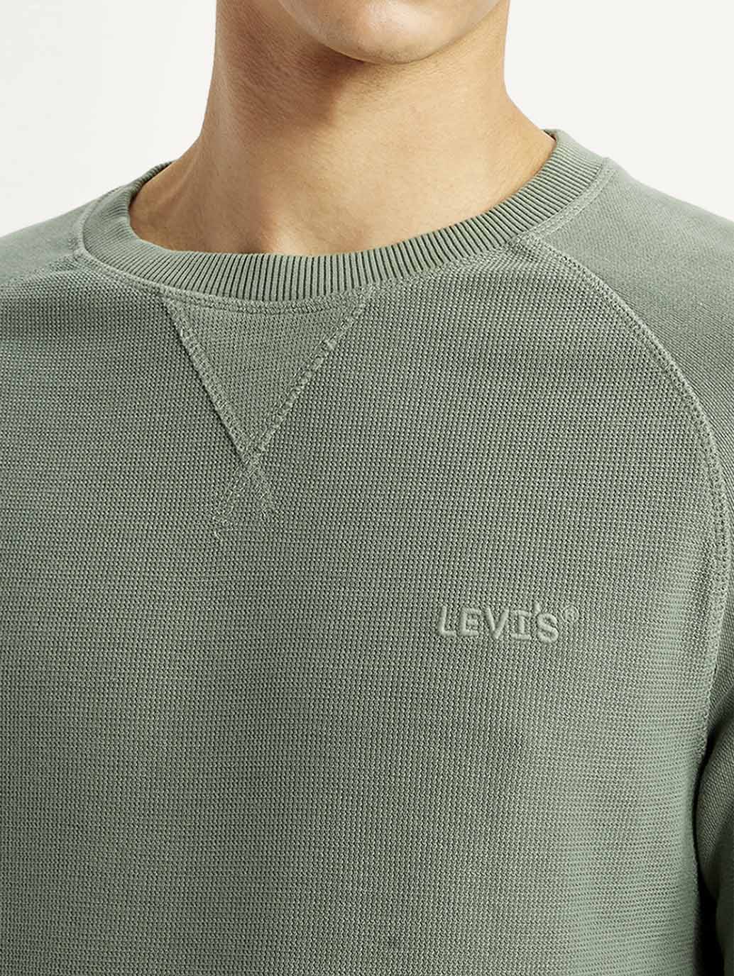 Men's Solid Green Crew Neck Sweatshirt - Detail View
