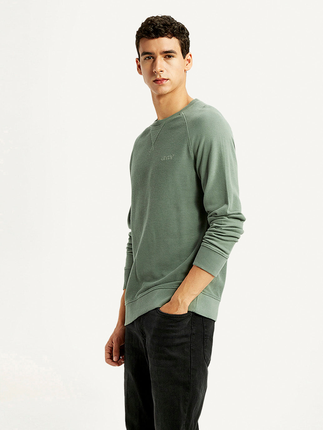Men's Solid Green Crew Neck Sweatshirt - Side View