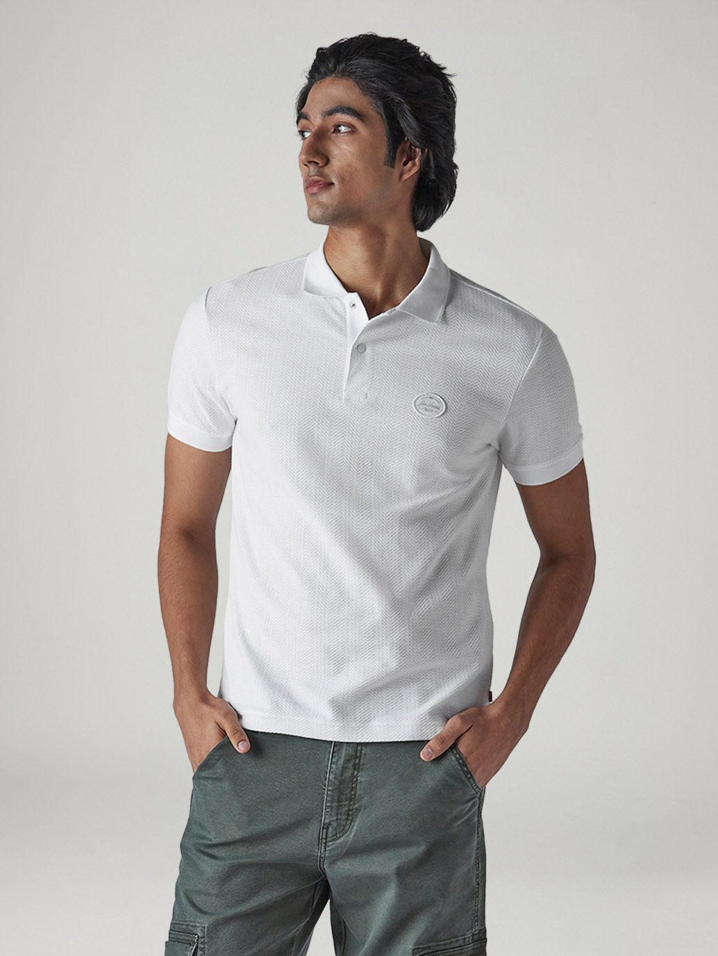 Men's Self Design White Polo T-shirt
