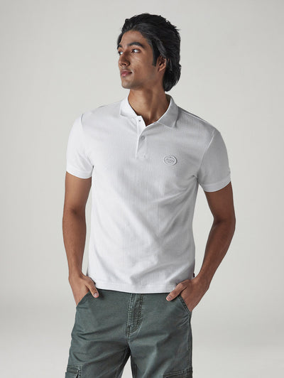 Men's Self Design White Polo T-shirt