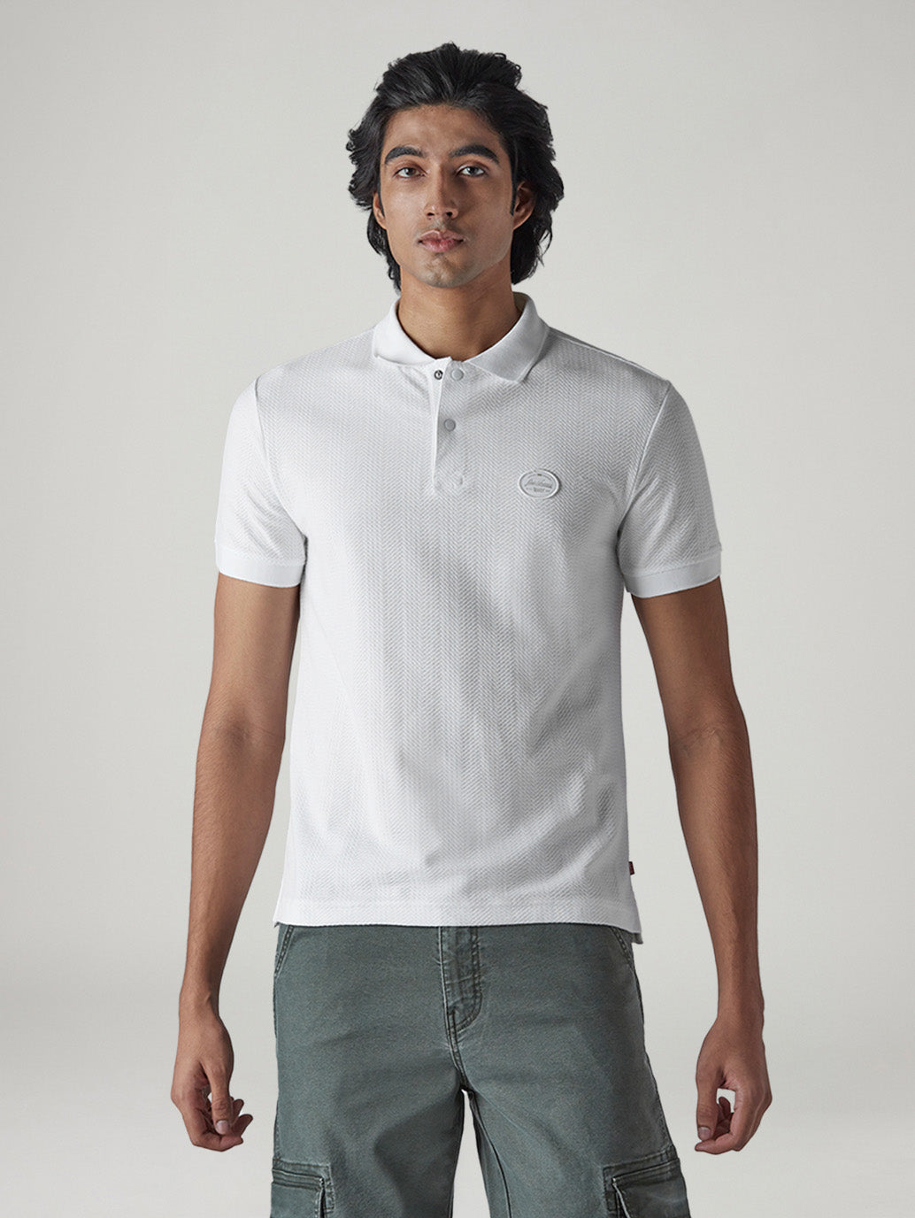 Men's Self Design White Polo T-shirt - Front View