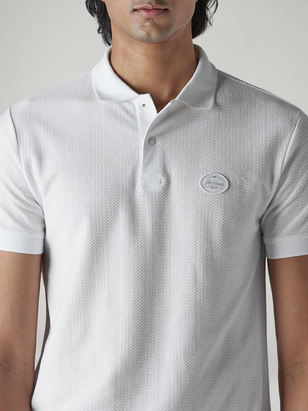 Men's Self Design White Polo T-shirt - Detail View
