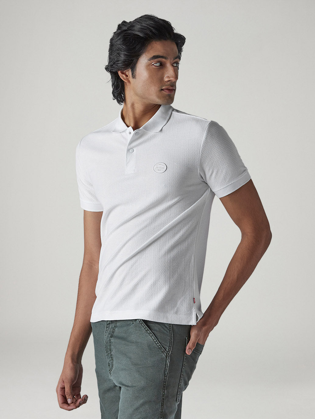 Men's Self Design White Polo T-shirt - 05-Side View