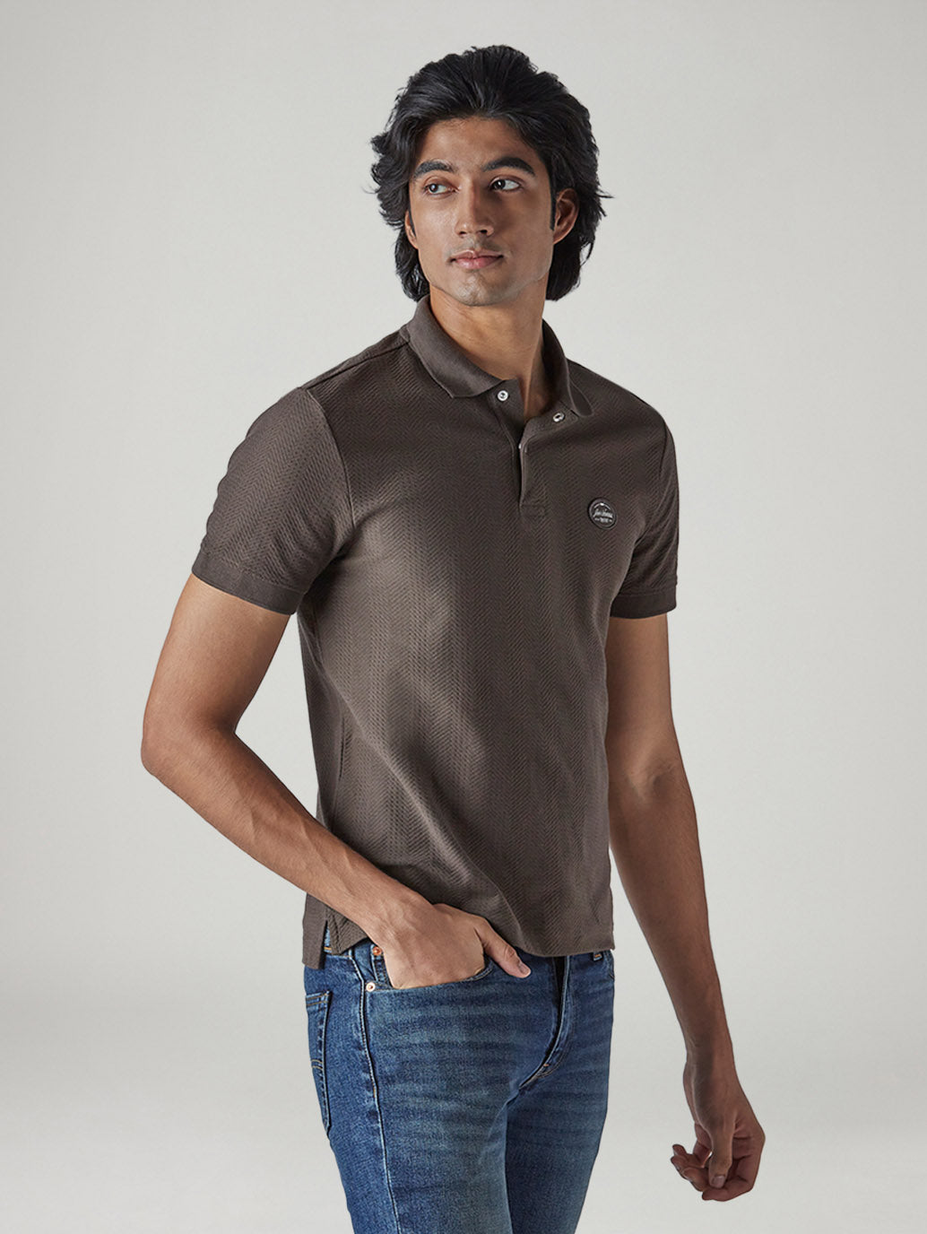 Men's Self Design Brown Polo T-shirt - Side View