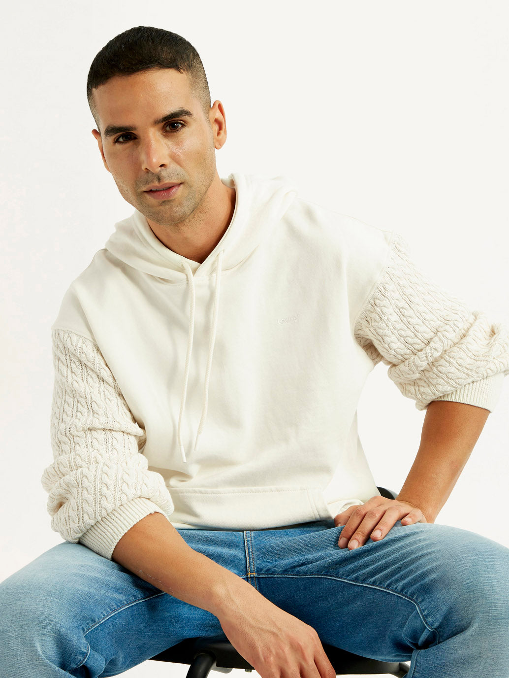 Men's Knitted Off White Hooded Sweatshirt
