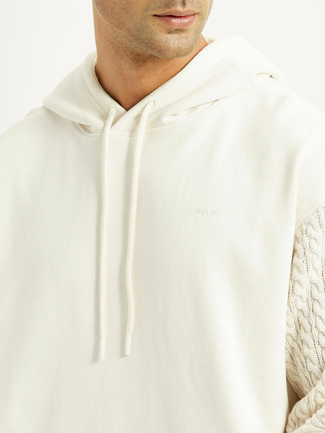Men's Knitted Off White Hooded Sweatshirt - Detail View
