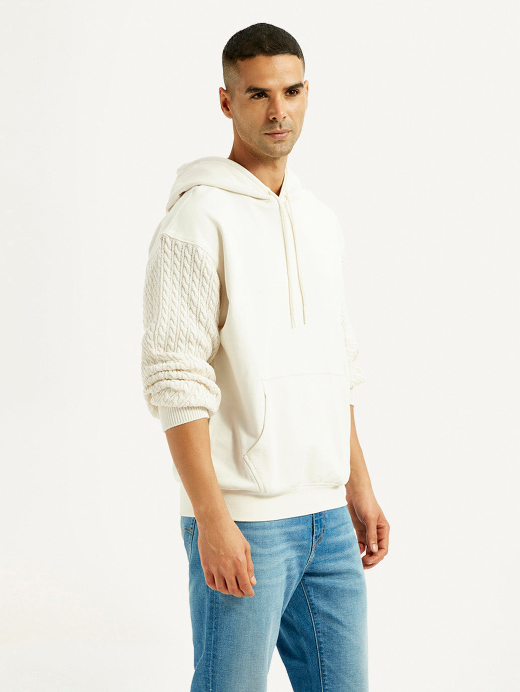 Men's Knitted Off White Hooded Sweatshirt - Side View