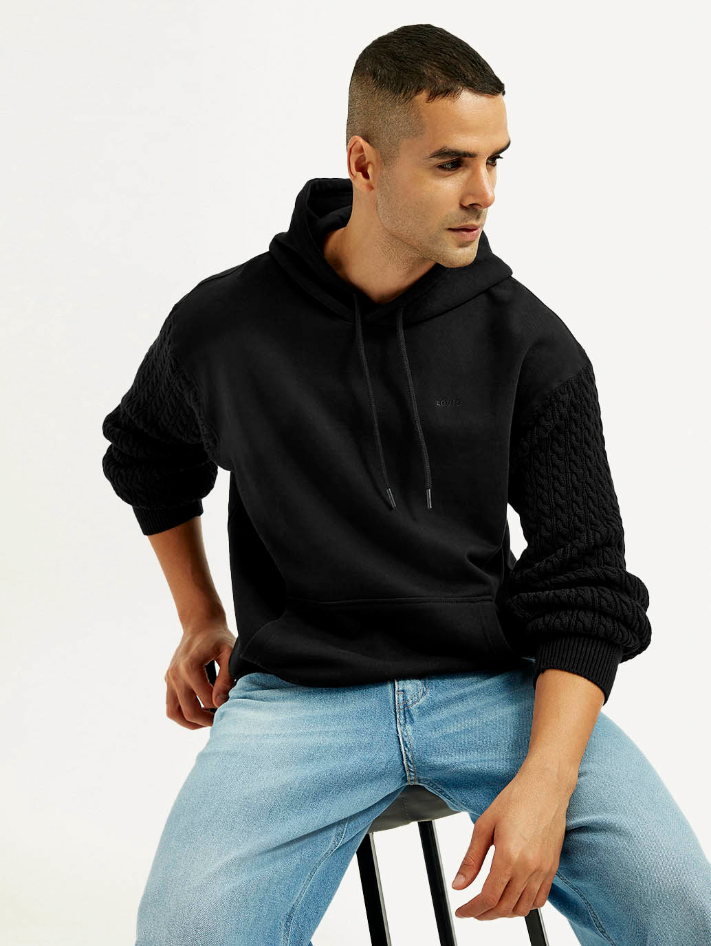 Men's Knitted Black Hooded Sweatshirt