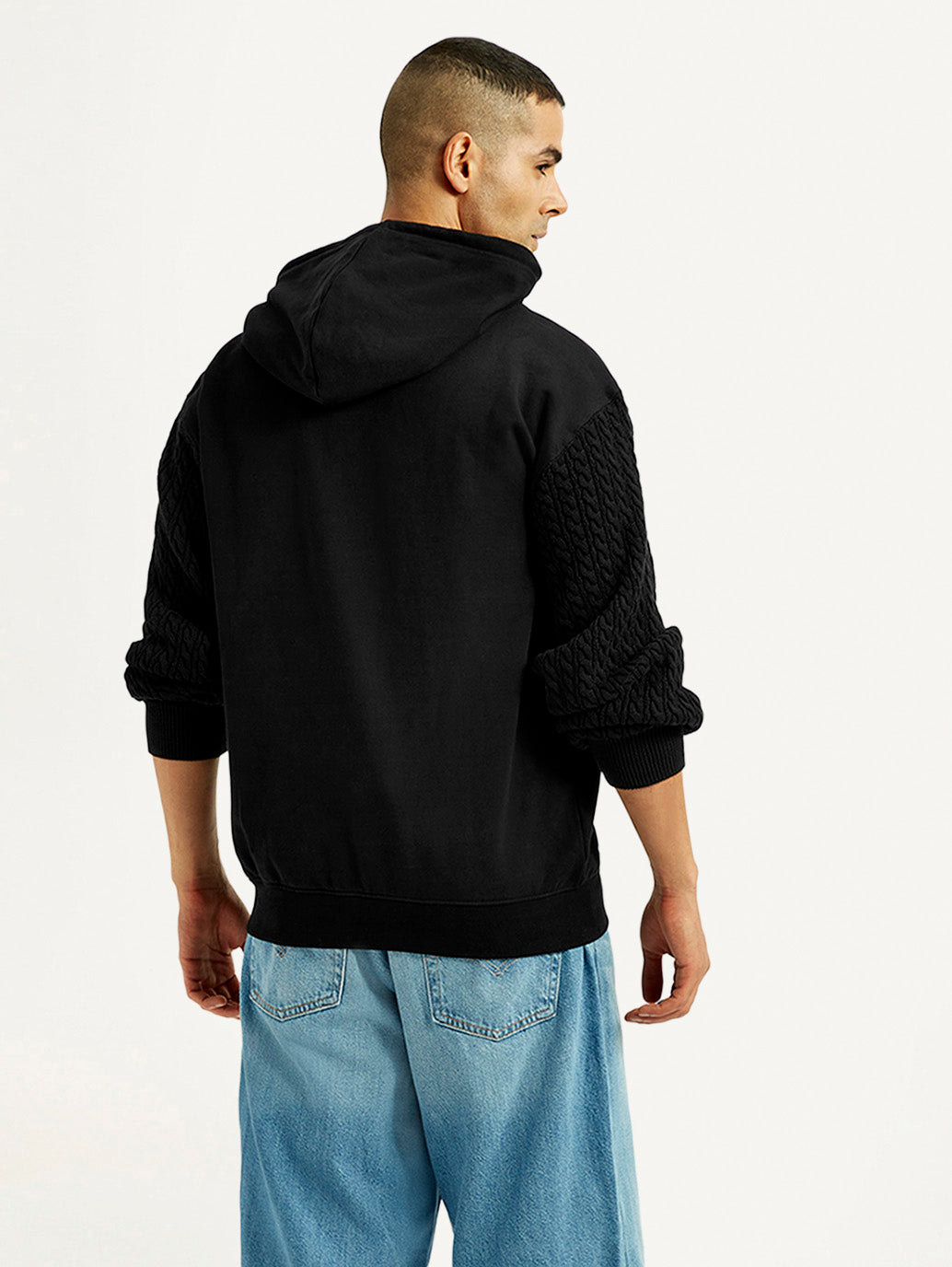 Men's Knitted Black Hooded Sweatshirt - Back View
