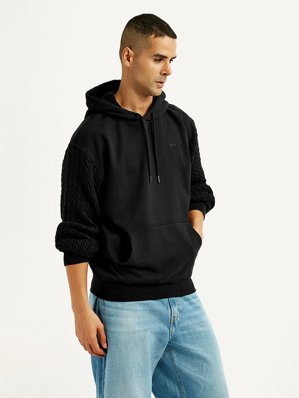 Men's Knitted Black Hooded Sweatshirt - Side View