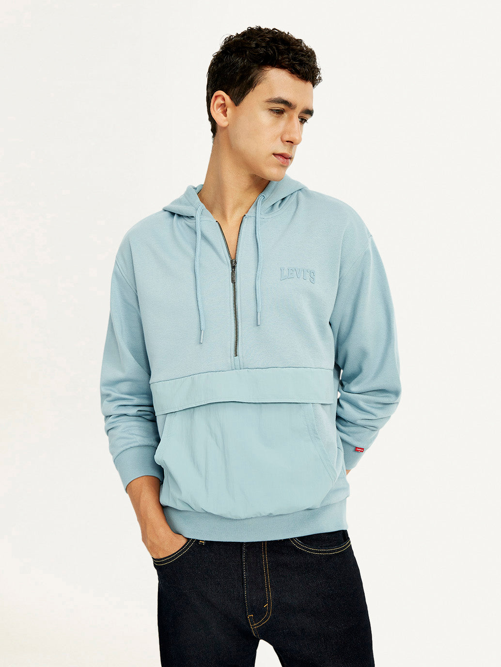 Men's Solid Blue Hooded Sweatshirt - Elevated View