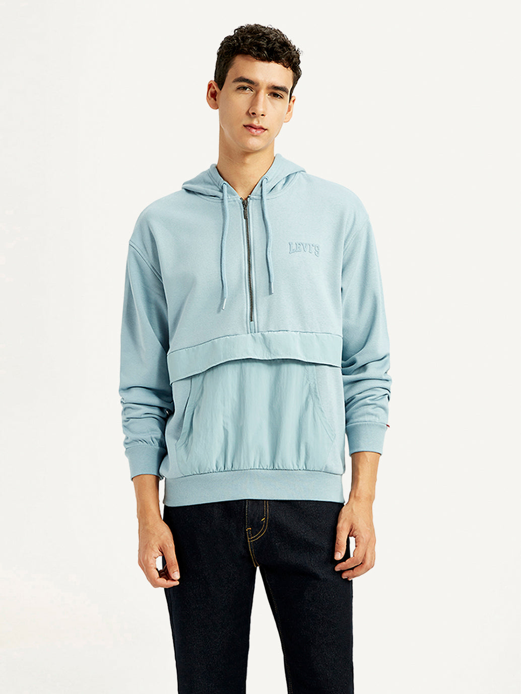 Men's Solid Blue Hooded Sweatshirt - Front View