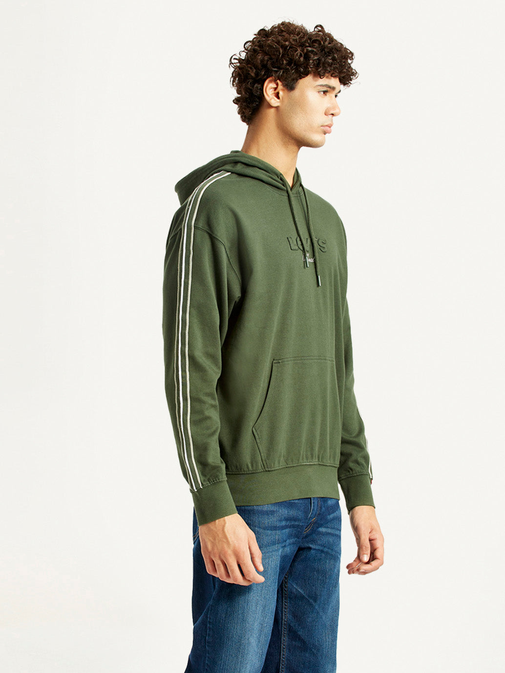 Men's Brand Logo Dark Green Hooded Sweatshirt - Side View