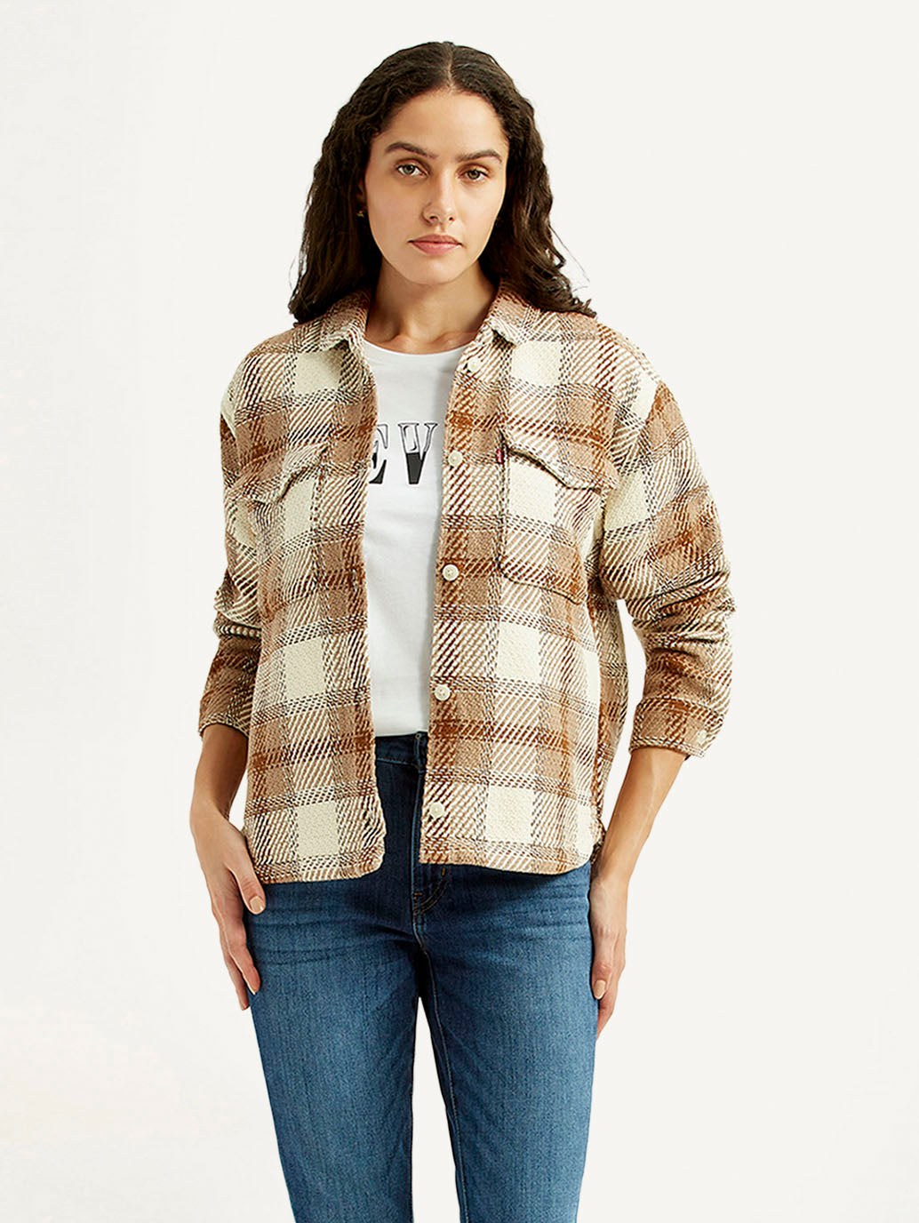 Women's Plaid Light Brown Slim Fit Shirt - Styleshot View