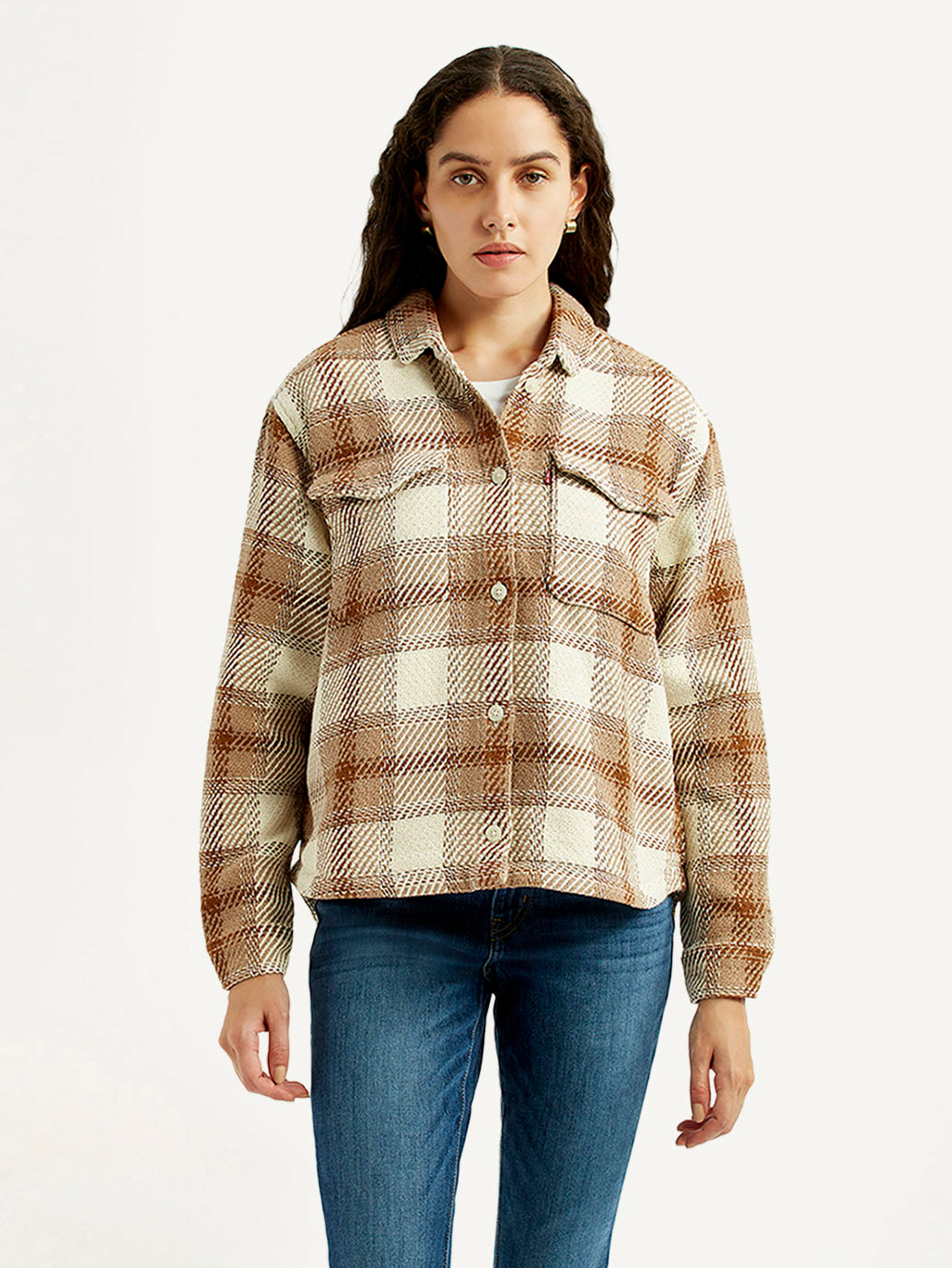 Women's Plaid Light Brown Slim Fit Shirt - Front View