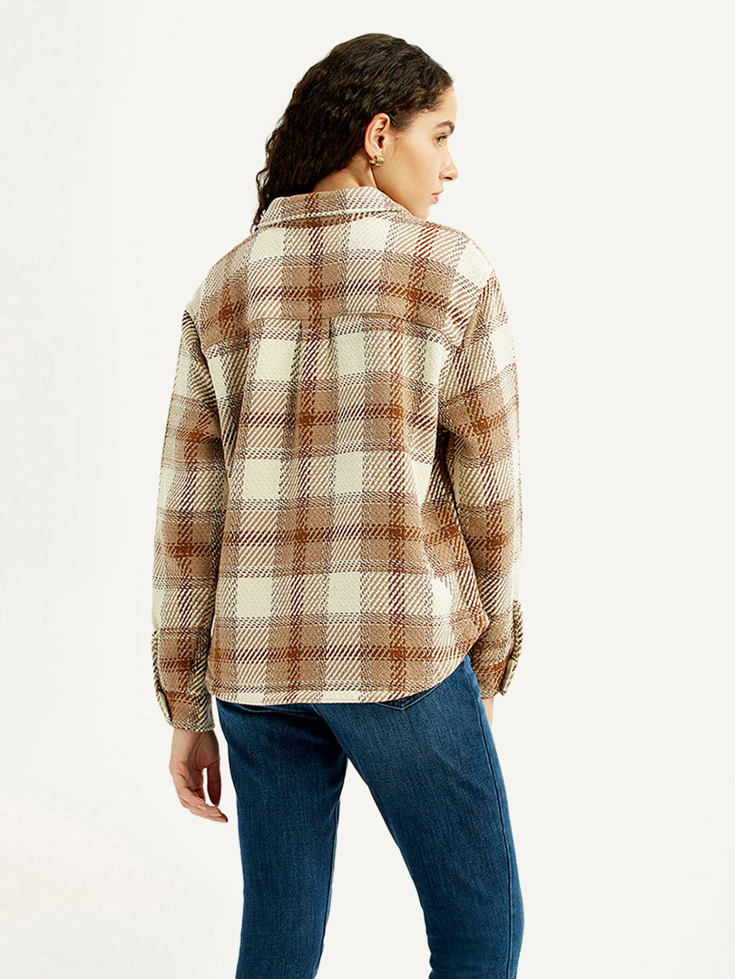 Women's Plaid Light Brown Slim Fit Shirt - Back View