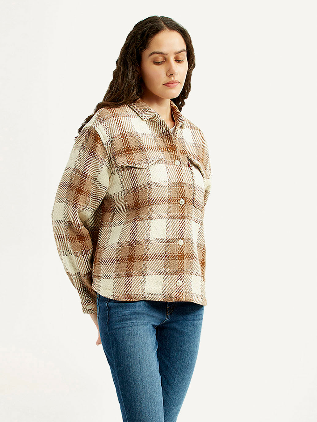 Women's Plaid Light Brown Slim Fit Shirt - Side View