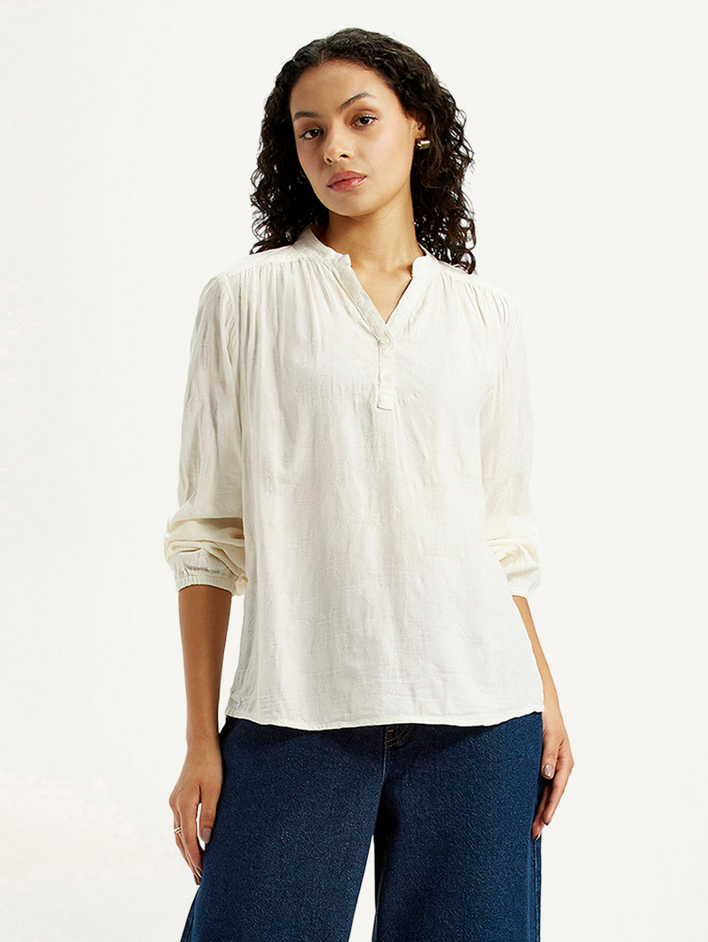 Women's Self Design Off White Mandarin Collar Top - Styleshot View