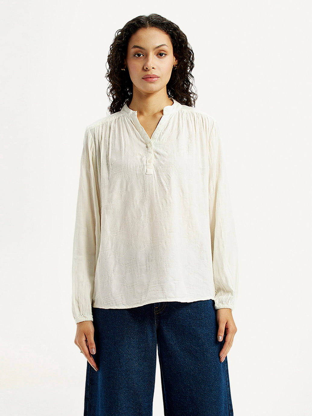 Women's Self Design Off White Mandarin Collar Top - Front View