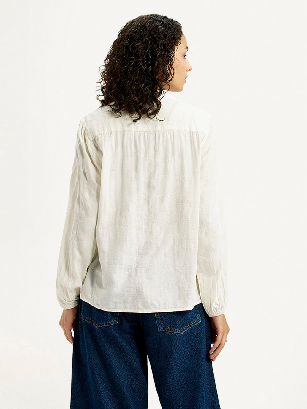 Women's Self Design Off White Mandarin Collar Top - Back View