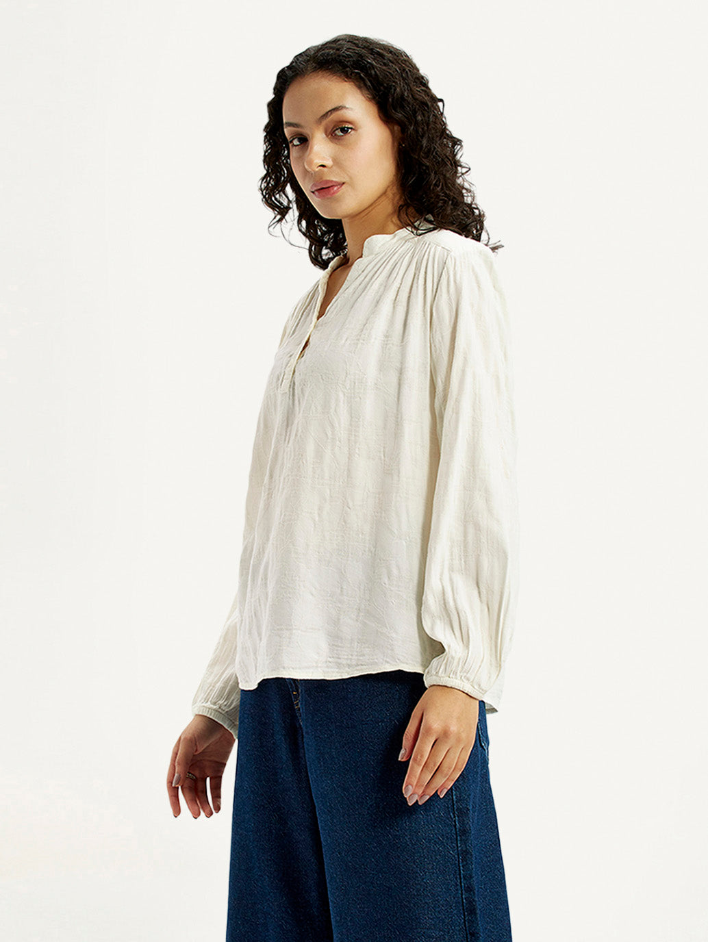 Women's Self Design Off White Mandarin Collar Top - Side View