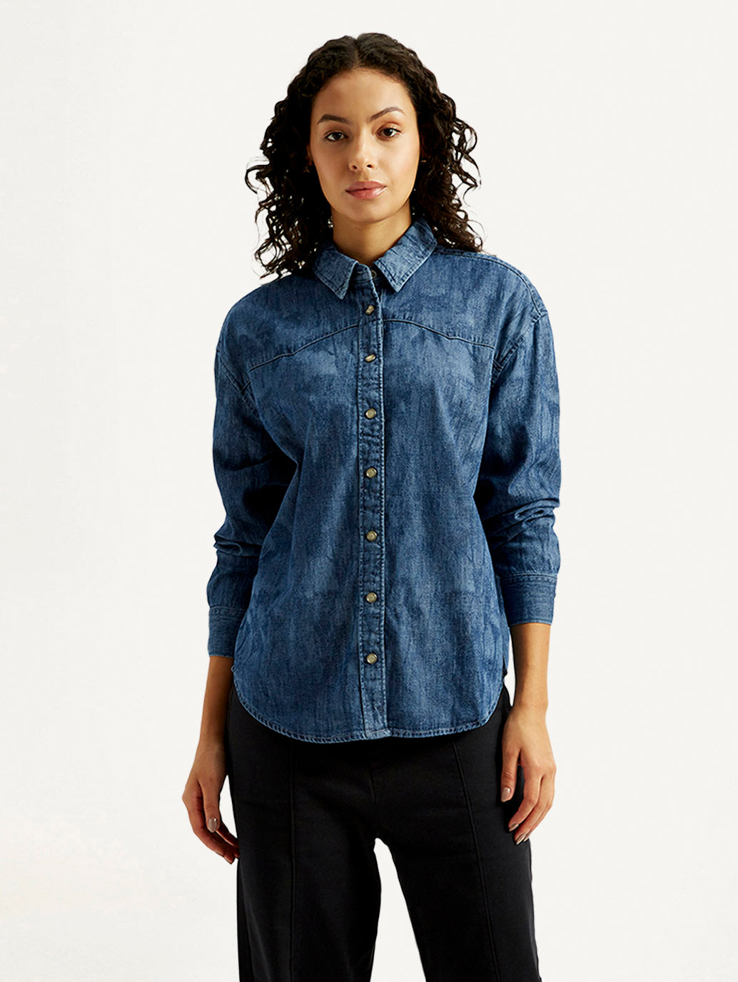 Women's Washed Relaxed Fit Denim Shirt - Front View