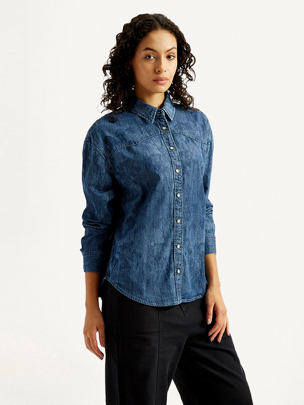 Women's Washed Relaxed Fit Denim Shirt - Side View