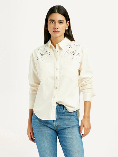 Women's Embroidered Cream Spread Collar Shirt-image-8