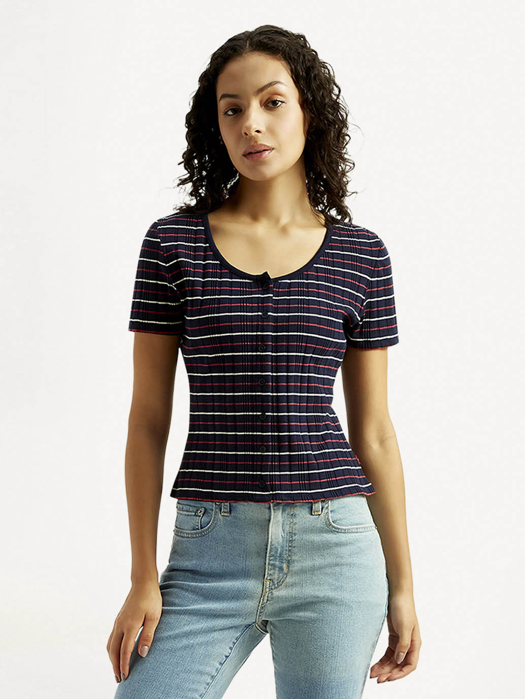 Women's Striped Navy Scoop Neck Top - Styleshot View