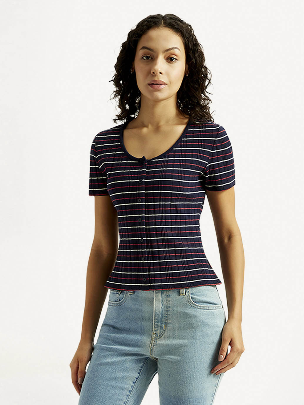 Women's Striped Navy Scoop Neck Top