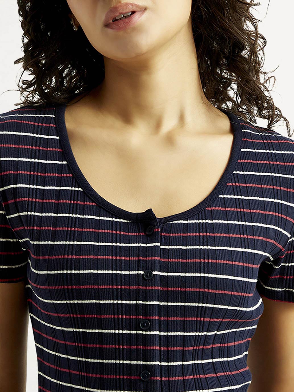 Women's Striped Navy Scoop Neck Top - Detail View