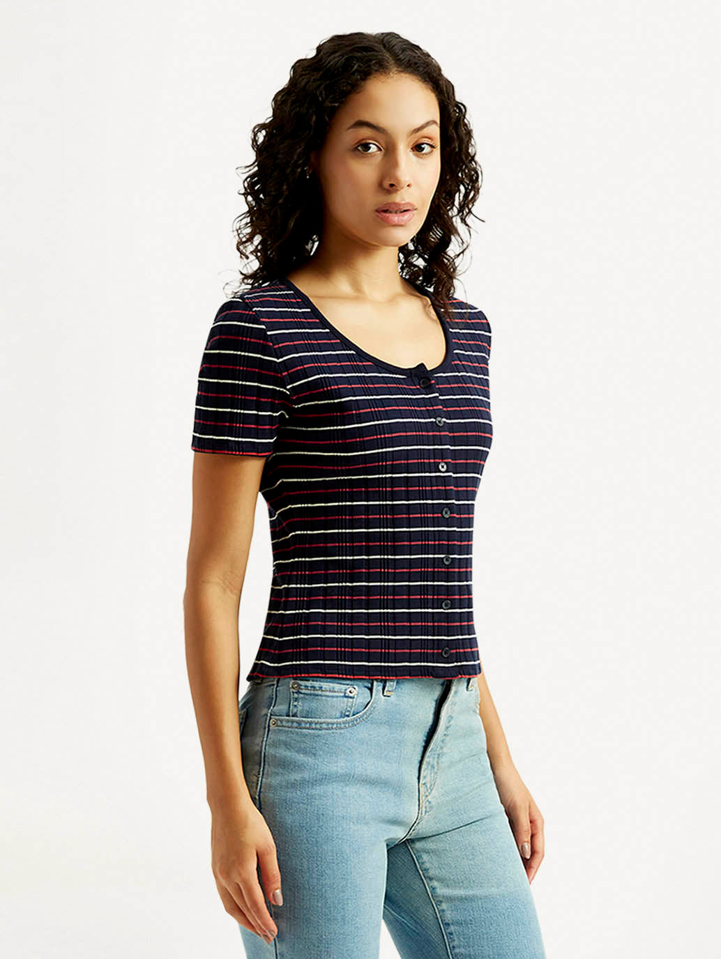 Women's Striped Navy Scoop Neck Top - Side View