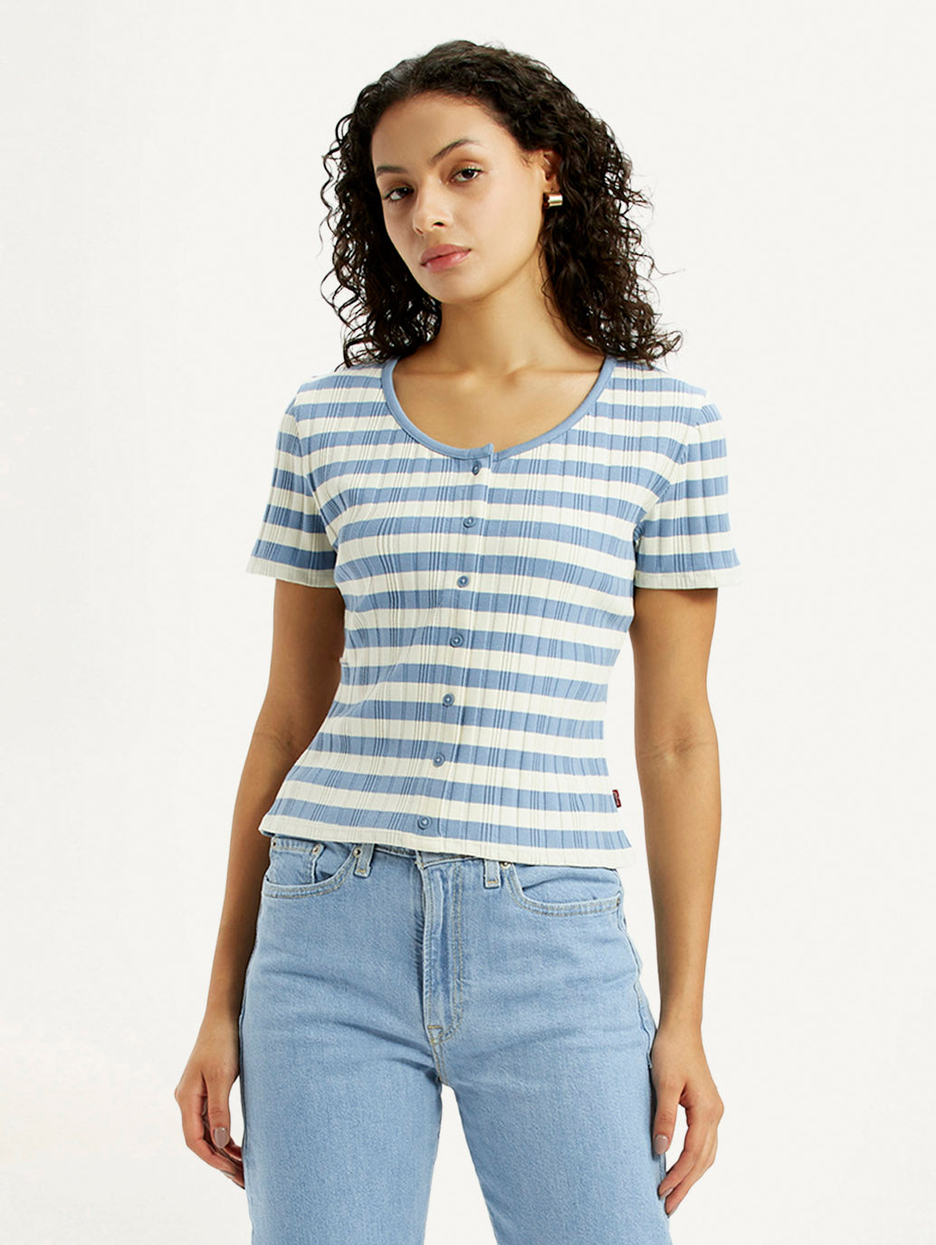Women's Striped Light Blue Scoop Neck Top