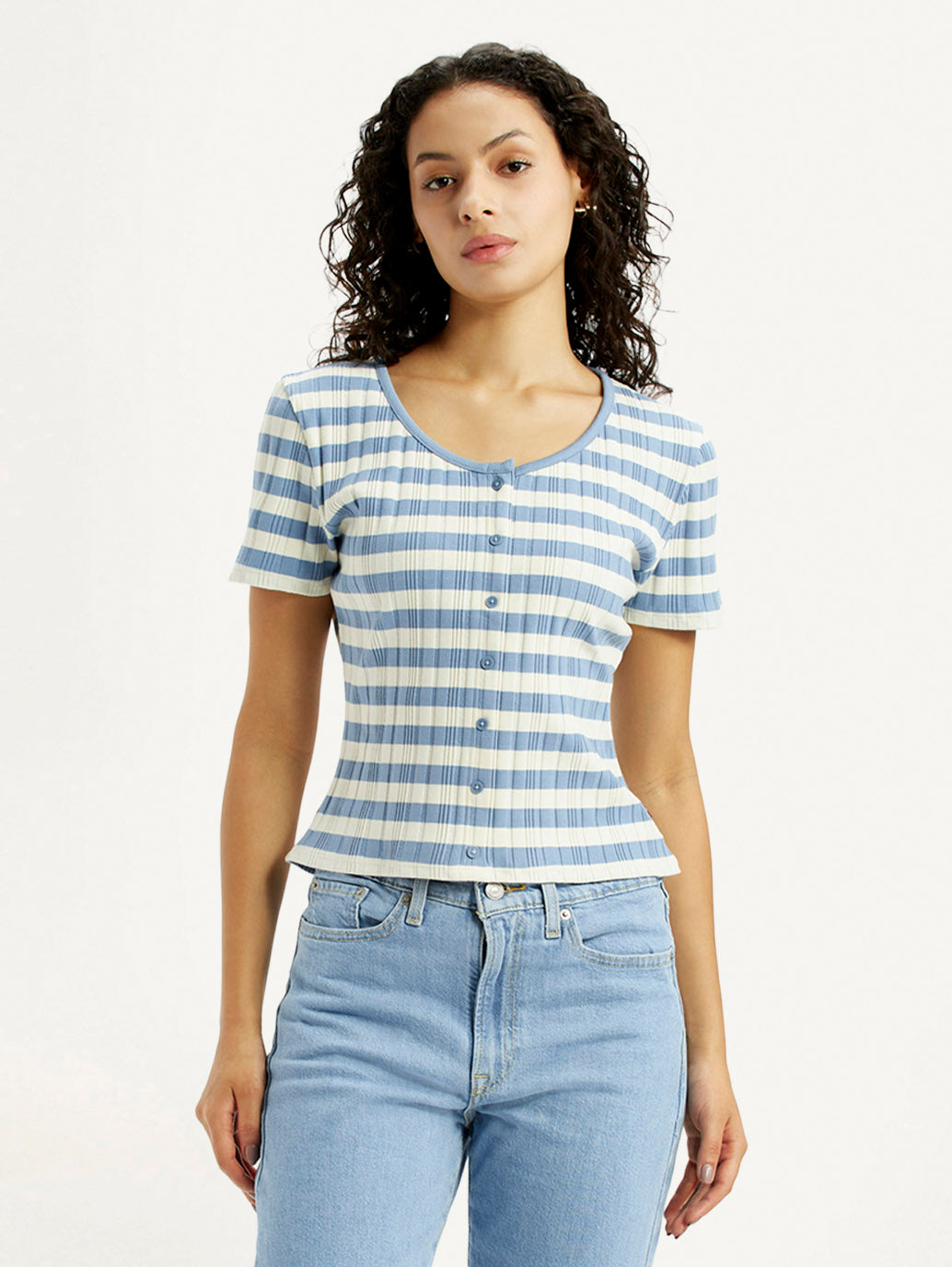 Women's Striped Light Blue Scoop Neck Top - Front View