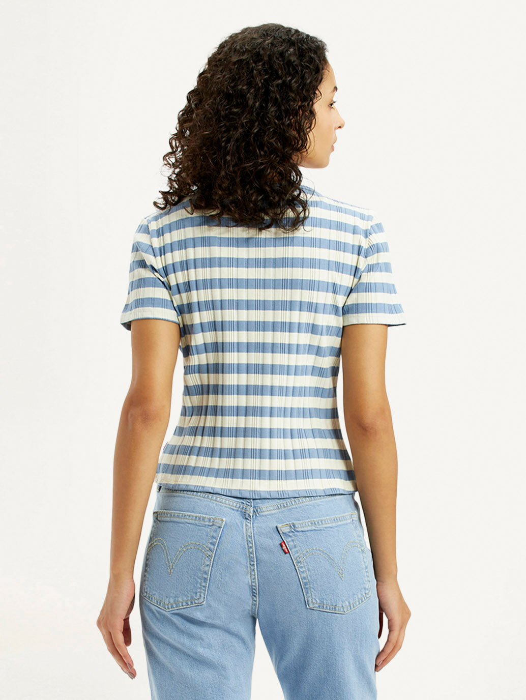 Women's Striped Light Blue Scoop Neck Top - Back View