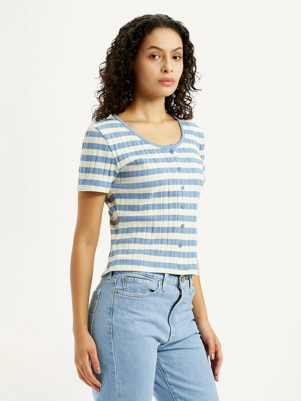 Women's Striped Light Blue Scoop Neck Top - Side View