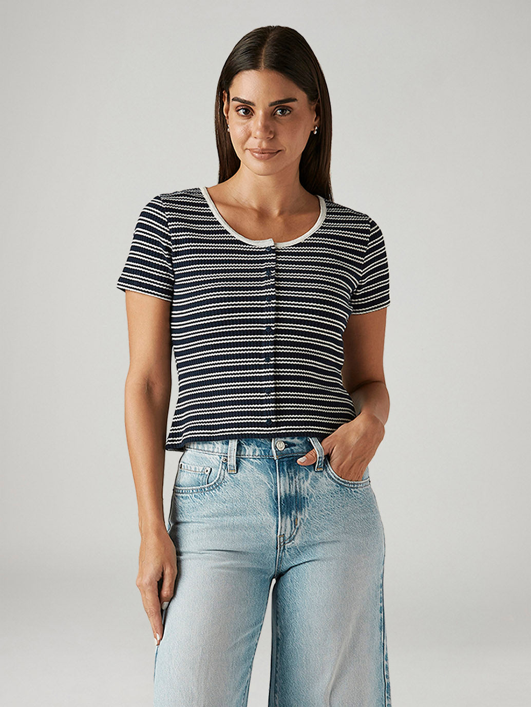 Women's Striped Navy Slim Fit T-shirt - Styleshot View
