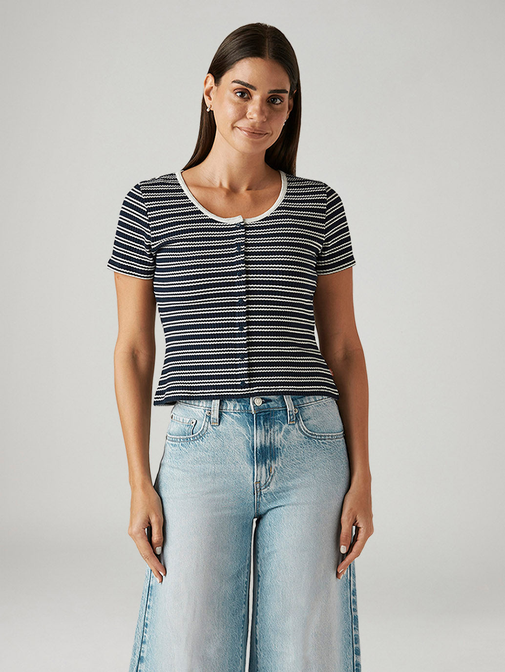 Women's Striped Navy Slim Fit T-shirt - Front View