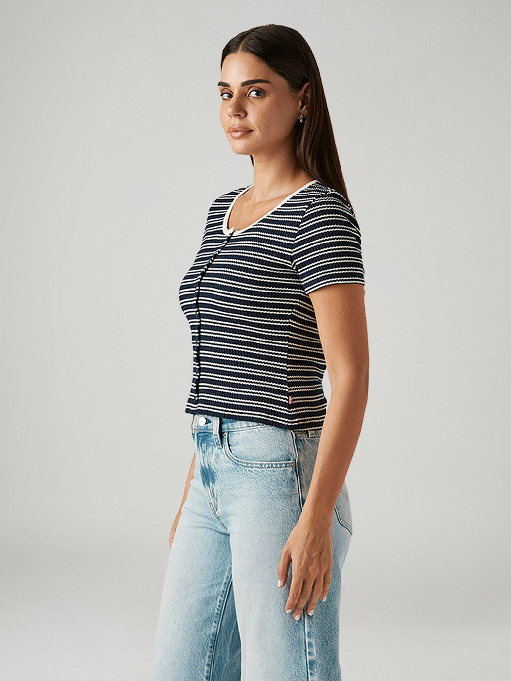 Women's Striped Navy Slim Fit T-shirt - Side View