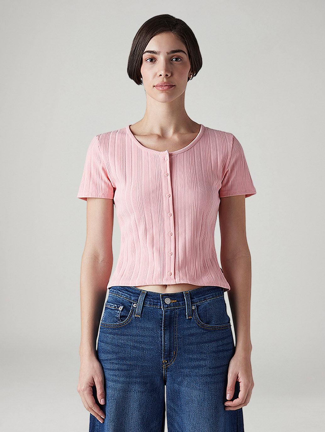 Women's Self Design Pink Round Neck Top - Front View