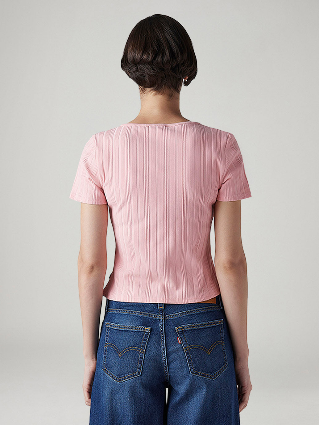 Women's Self Design Pink Round Neck Top - Back View