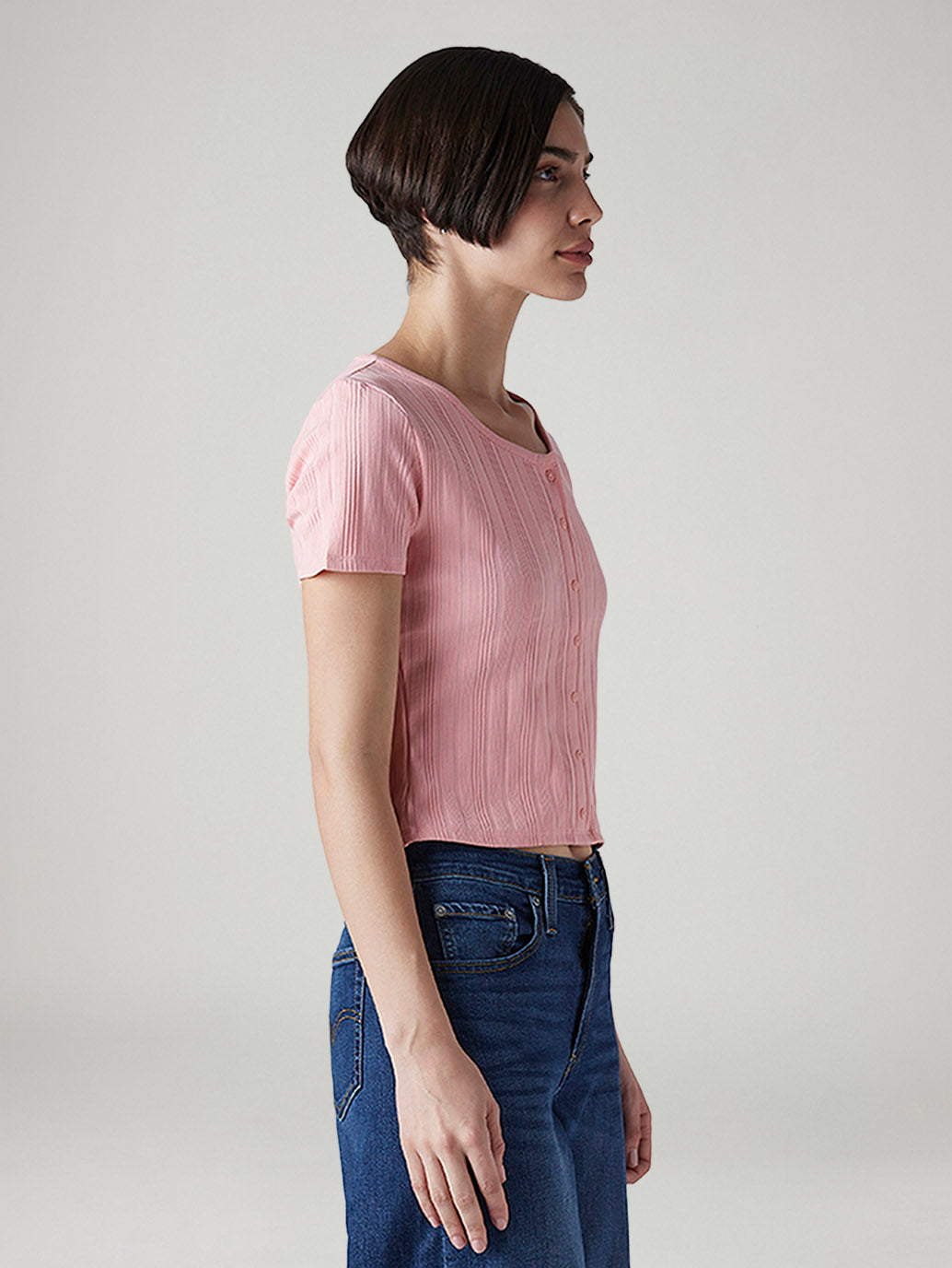Women's Self Design Pink Round Neck Top - Side View