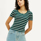 Women's Striped Dark Green Scoop Neck Top - Elevated View