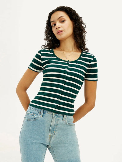 Women's Striped Dark Green Scoop Neck Top