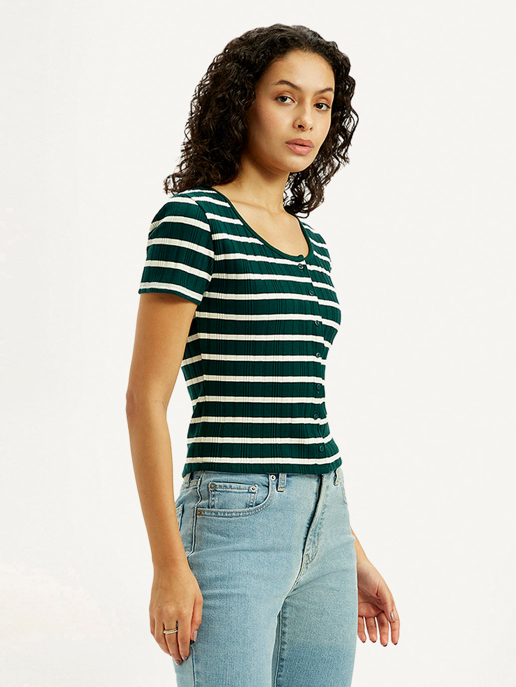 Women's Striped Dark Green Scoop Neck Top - Side View
