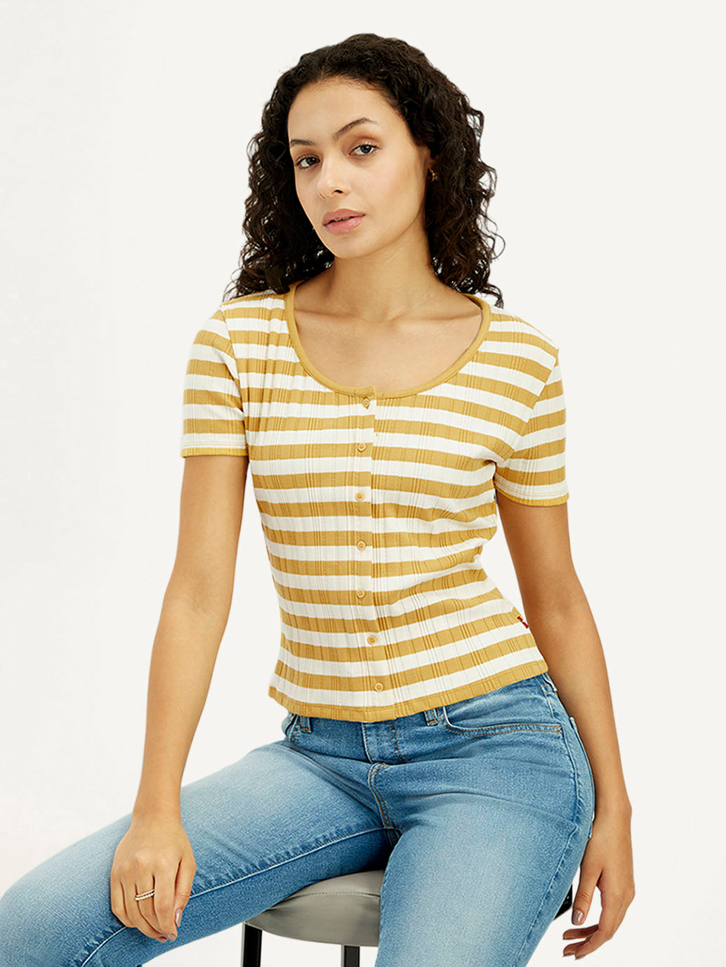 Women's Striped Yellow Scoop Neck Top - Elevated View